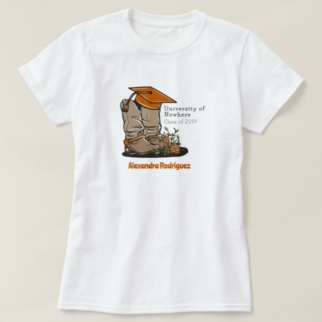 Burnt Orange Cowboy Boot Graduation Cap & Blume T-Shirt (Design vorne)