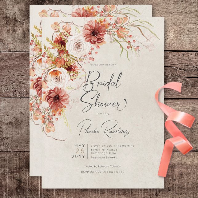 Burnt Orange & Cream Boho Brautparty Einladung (Burnt Orange & Cream Boho Floral Bridal Shower Invitation)