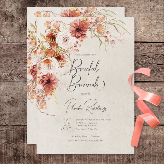 Burnt Orange & Cream Boho Floral Bridal Brunch Einladung (Burnt Orange & Cream Boho Floral Bridal Brunch Invitation)