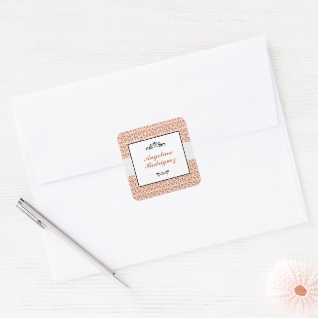 Burnt Orange Damask Muster Abschluss Quadratischer Aufkleber (Umschlag)