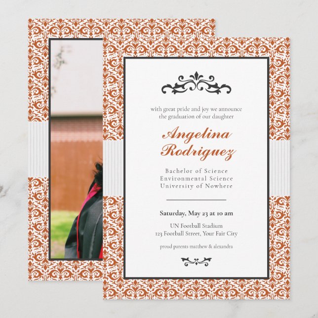 Burnt Orange Damask Muster Foto Abschluss Einladung (Vorne/Hinten)