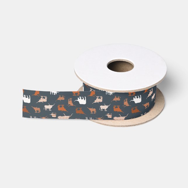 Burnt Orange & Dark Gray Gemusterte Longhorns Satinband (Spule)