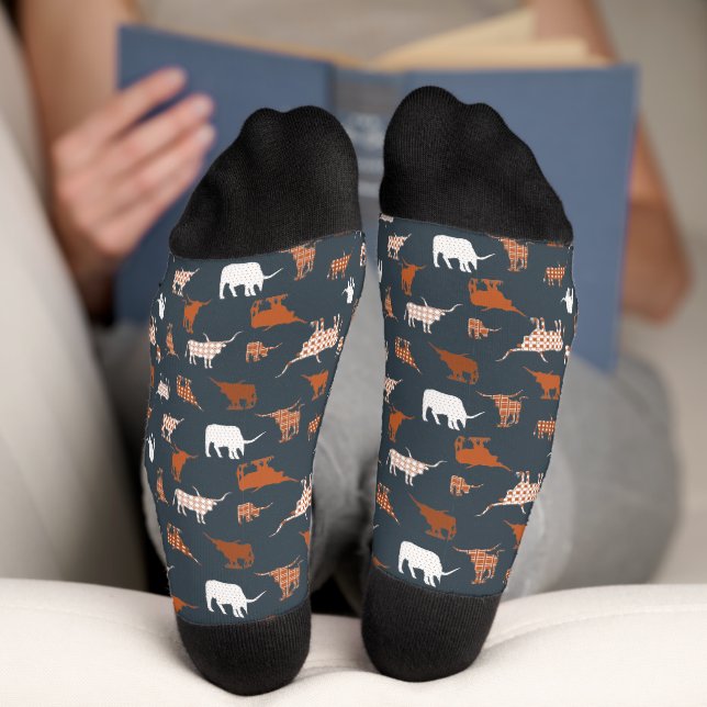 Burnt Orange & Dark Gray Gemusterte Longhorns Sock Socken (Unterseite)