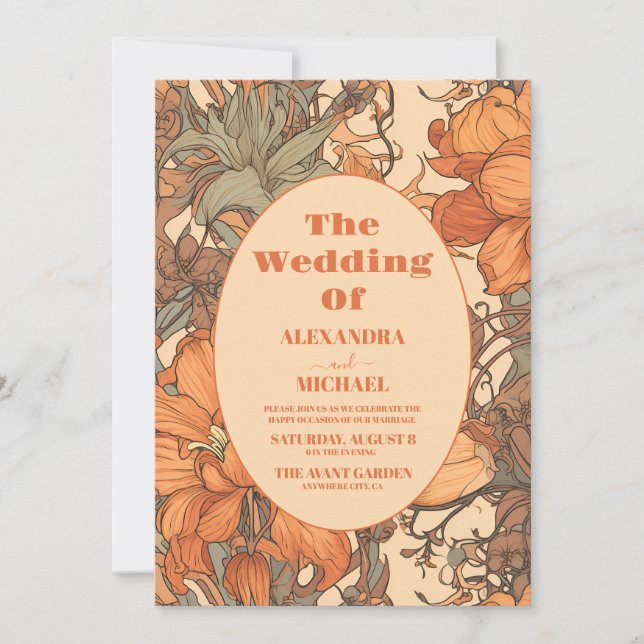 Burnt Orange Floral Art Nouveau Hochzeit Einladung (Vorderseite)