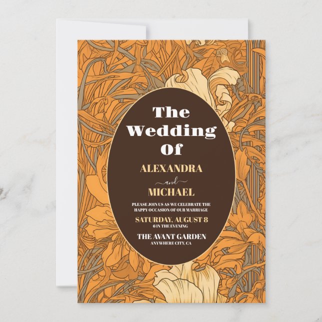 Burnt Orange Floral Art Nouveau Wedding Einladung (Vorderseite)