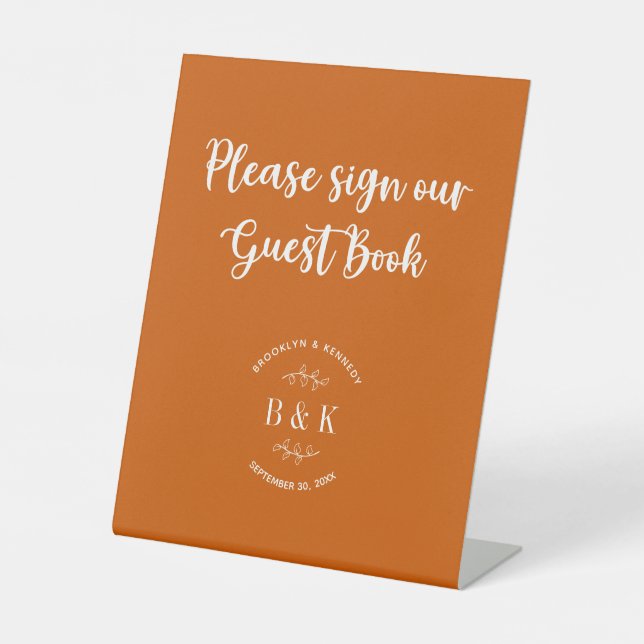 Burnt Orange Floral Botanical Wedding Guest Book Sockelschild (Vorderseite)
