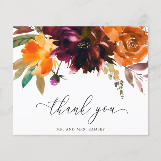 Burnt Orange Floral Budget Hochzeit Danke Karte (Vorderseite)