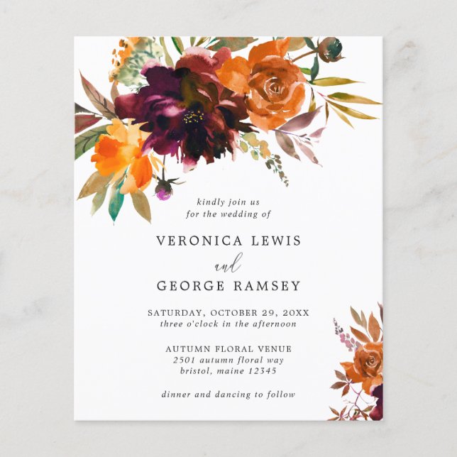 Burnt Orange Floral Fall Budget Hochzeit Einladung Flyer (Vorne)