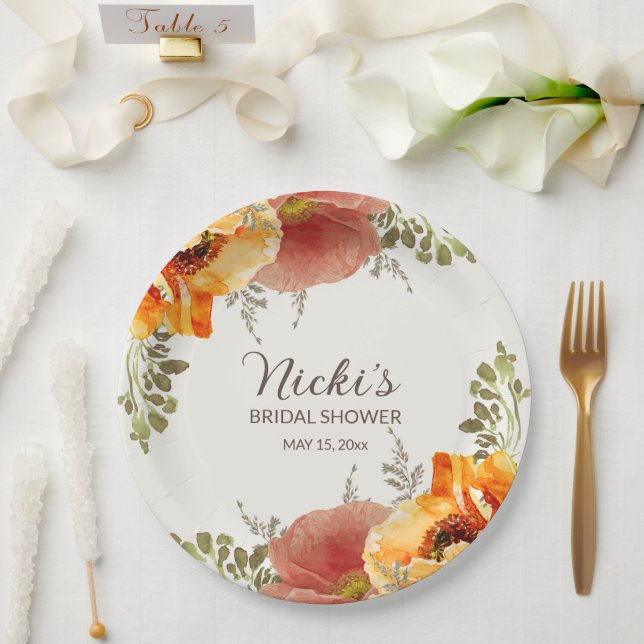Burnt Orange Floral Herbst Brautparty Pappteller (Hochzeit)