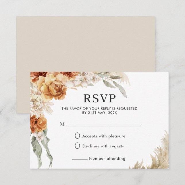 Burnt Orange Floral Pampas Boho Wedding RSVP Karte (Vorne/Hinten)