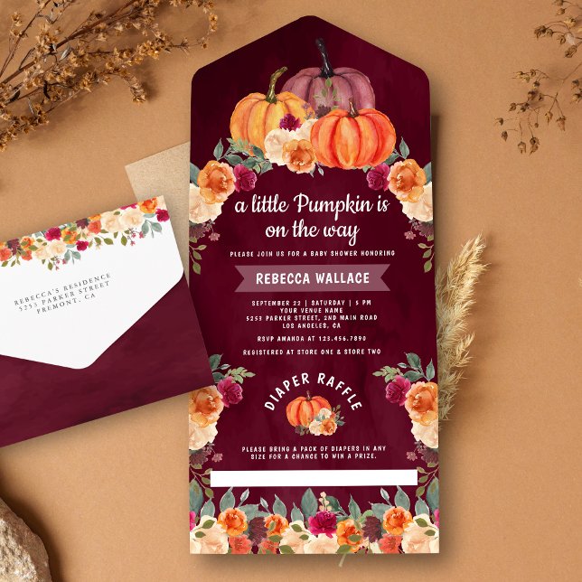 Burnt Orange Floral Pumpkin Burgundy Babydusche All In One Einladung (Von Creator hochgeladen)