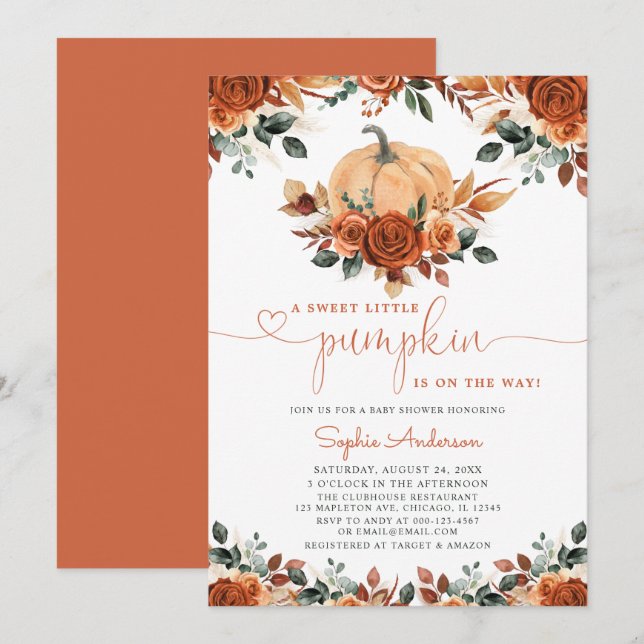 Burnt Orange Floral Pumpkin Fall Baby Dusche Einladung (Vorne/Hinten)