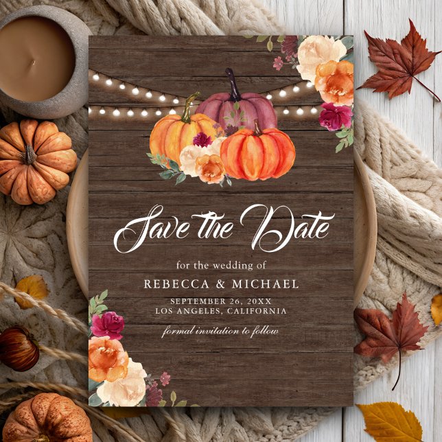 Burnt Orange Floral Pumpkin Wood Wedding Save The Date (Von Creator hochgeladen)