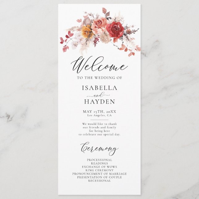 Burnt Orange Floral Rustic Herbst Herbsthochzeit Programm (Vorderseite)