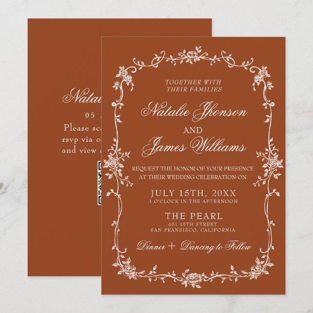 Burnt Orange Floral Terracotta QR Code Wedding Einladung (Vorne/Hinten)
