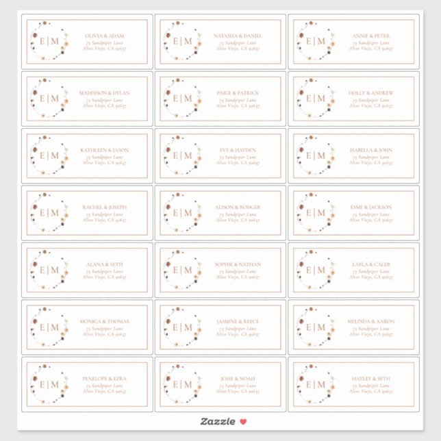 Burnt Orange Floral Wappen Monogram Guest Address Aufkleber (Blatt)