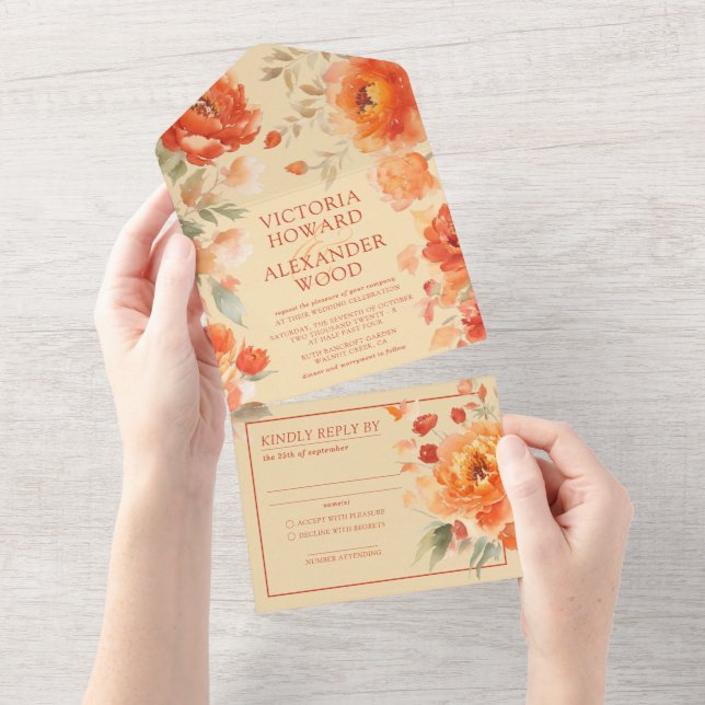 Burnt Orange Floral Wedding All In One Einladung (Abreißen)