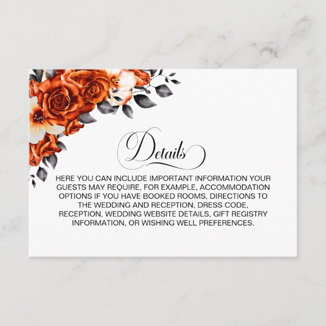 Burnt Orange Floral Wedding Details Umschließung Begleitkarte (Vorderseite)