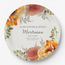 Burnt Orange Floral Wedding Reception Bride Groom Pappteller