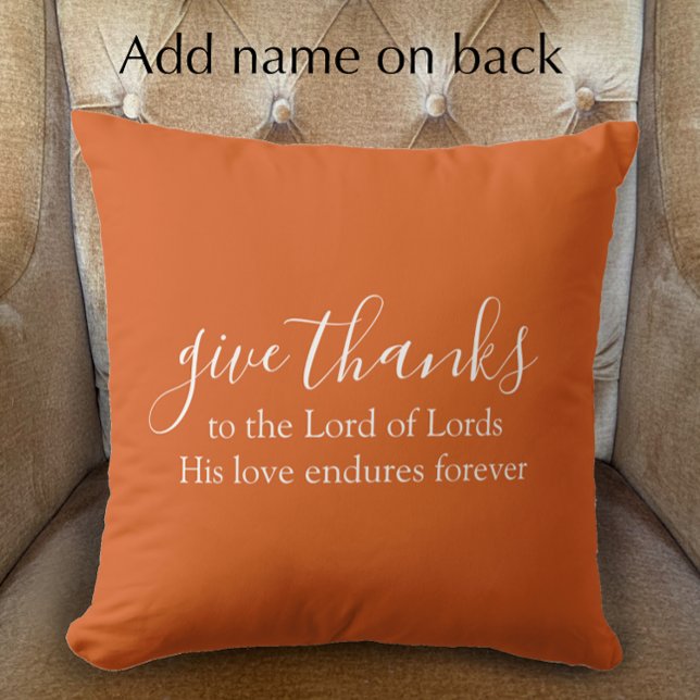 Burnt Orange gibt dank individueller Skriptfalldek Kissen (Burnt orange give thanks script Fall accent pillow. Custom scripture Thanksgiving home decor
)