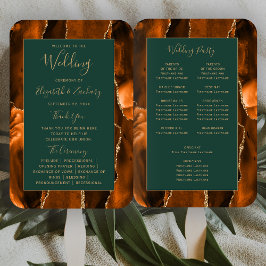 Burnt Orange Gold Agate Dark Green Wedding Program Fächer