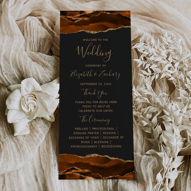 Burnt Orange Gold Agate Dark Wedding Programm (Von Creator hochgeladen)