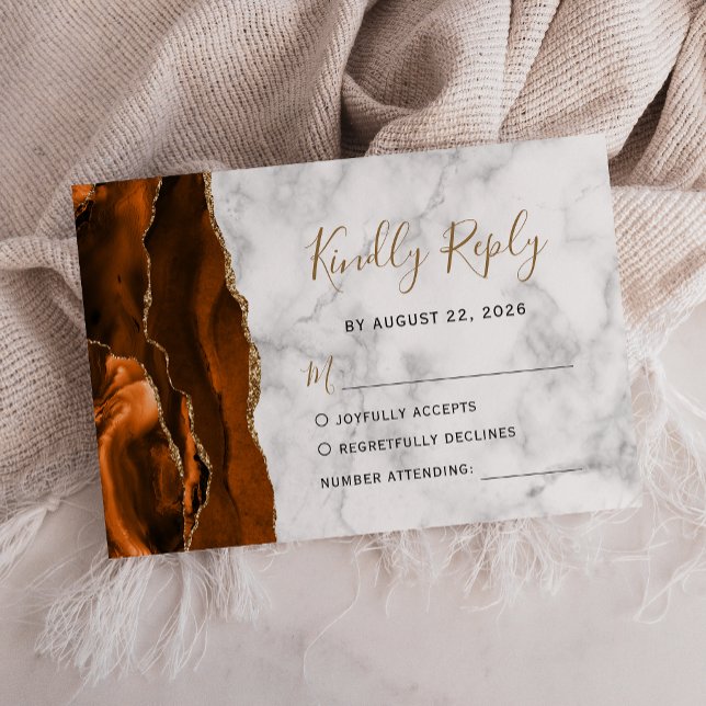 Burnt Orange Gold Agate Marble Wedding RSVP Karte (Von Creator hochgeladen)