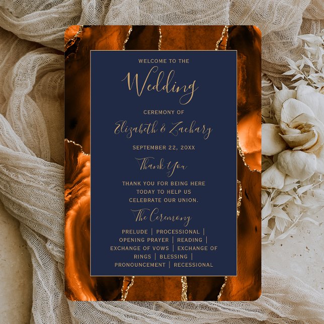 Burnt Orange Gold Agate Navy Blue Wedding Program Mitteilungskarte (Von Creator hochgeladen)