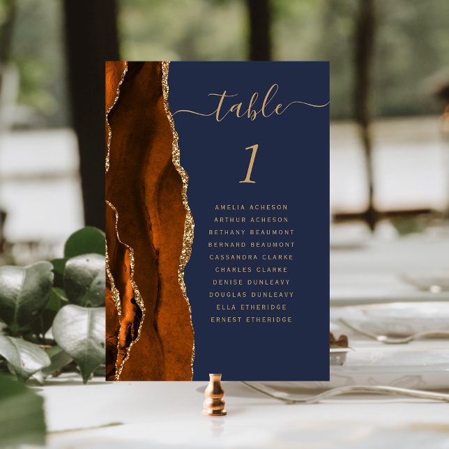 Burnt Orange Gold Agate Navy Blue Wedding Tischnummer (Von Creator hochgeladen)