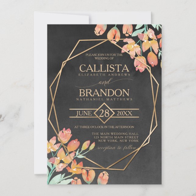 Burnt Orange Gold Black Floral Terrarium Wedding Einladung (Vorderseite)