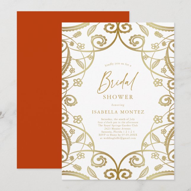 Burnt Orange Gold Floral Lace Brautparty Einladung (Vorne/Hinten)