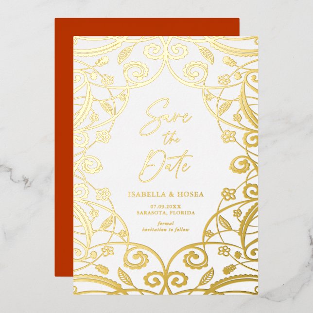 Burnt Orange Gold Floral Leaf Lace Wedding Folieneinladung (Vorderseite/Rückseite)