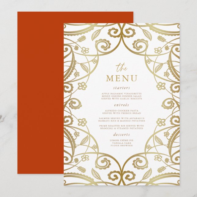 Burnt Orange Gold Glitzer Lace Wedding Menu Menükarte (Vorne/Hinten)