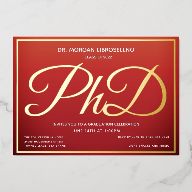 Burnt Orange Gold PhD Abschluss Folieneinladung (Vorderseite)