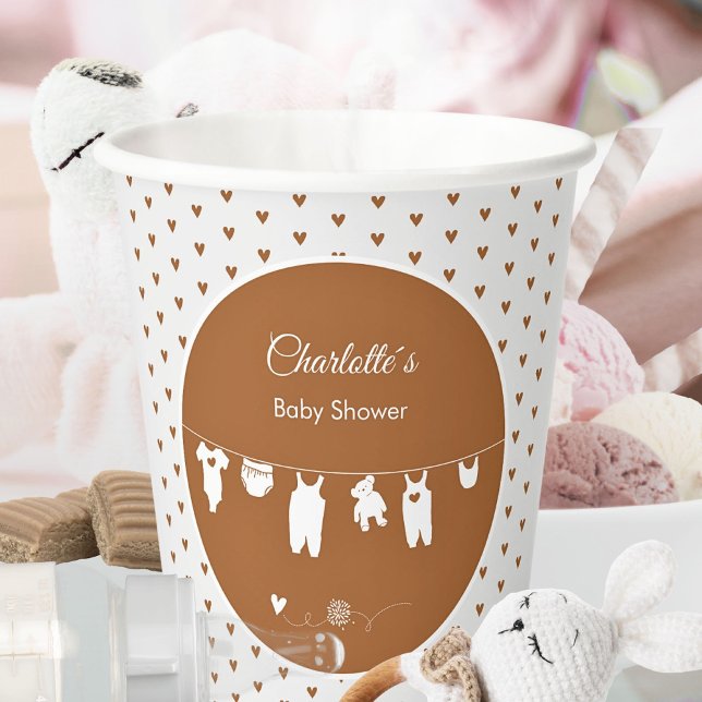 Burnt Orange Hearts Boho Baby Shower Pappbecher (Minimalist Boho Cinnamon Heart Pattern Baby Shower Paper Cups ©Susanne Sachers - Sunny Mind 🌞)