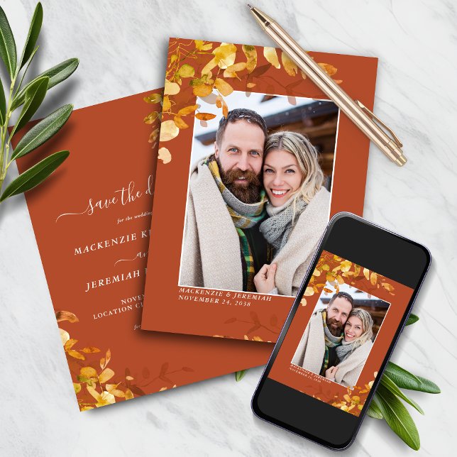 Burnt Orange Herbsthochzeit Foto Save the Date (Burnt Orange Autumn Wedding Photo Save the Date Card)
