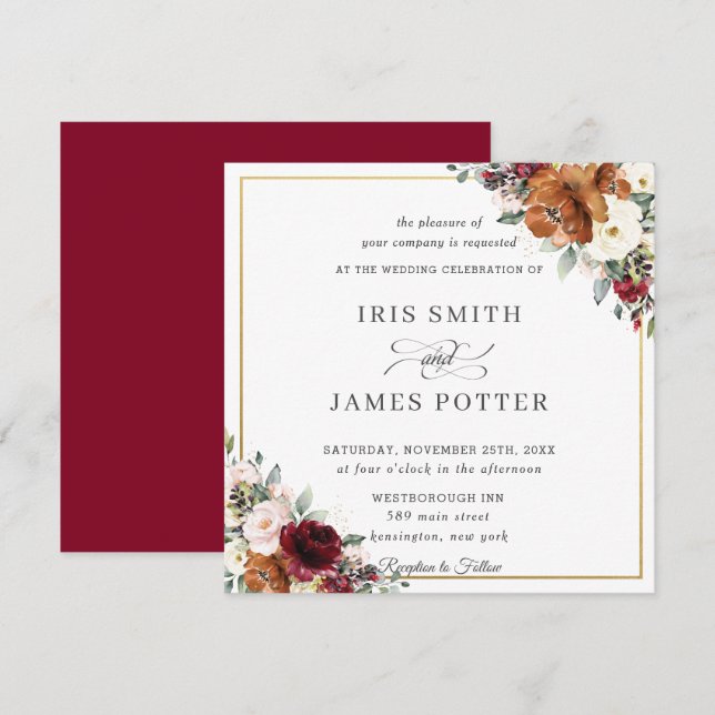 Burnt Orange Ivory Burgundy Floral Wedding Square Einladung (Vorne/Hinten)