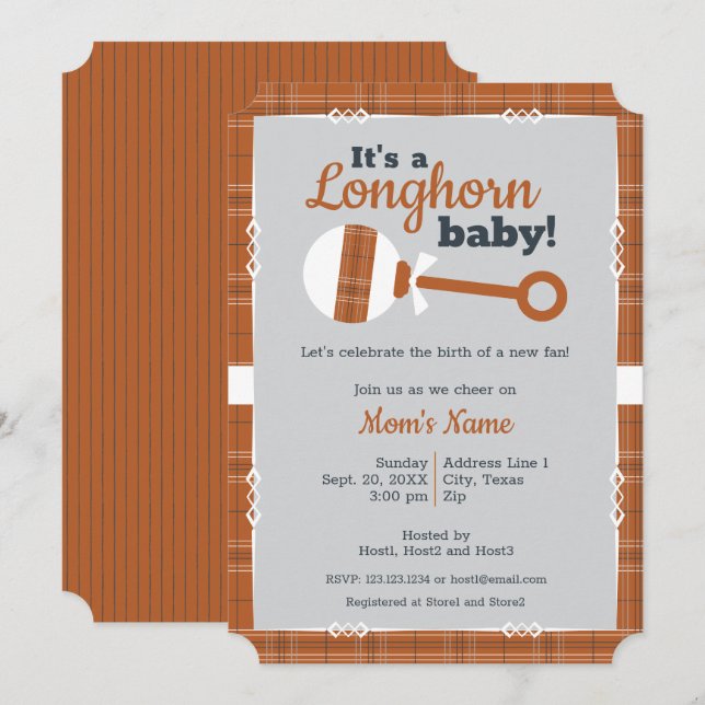 Burnt Orange Kariert Rattle Longhorn Babydusche Einladung (Vorne/Hinten)