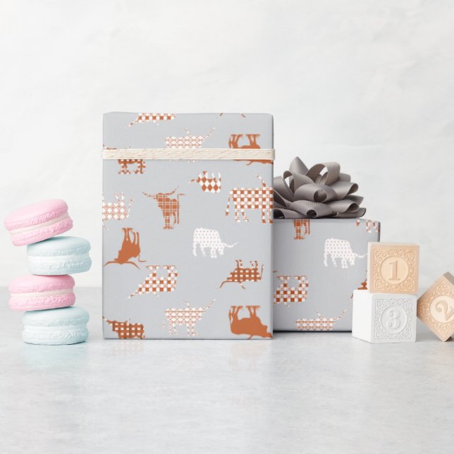 Burnt Orange & Light Gray Gemusterte Longhorns Geschenkpapier (Babyparty)