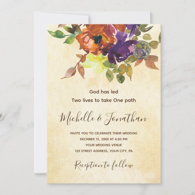 Burnt Orange Lila Floral Christlich Hochzeit Einladung (Vorderseite)