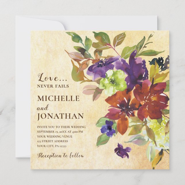 Burnt Orange Lila Floral Christlich Hochzeit Einladung (Vorderseite)