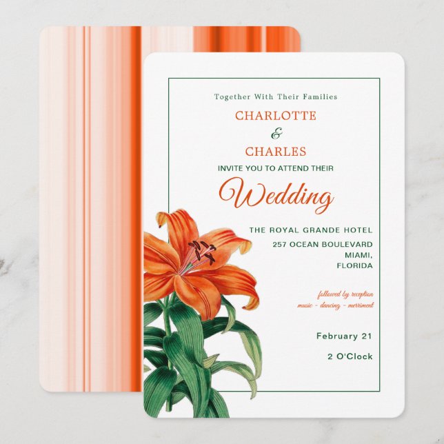 Burnt Orange Lily Stylish Floral Wedding Einladung (Vorne/Hinten)