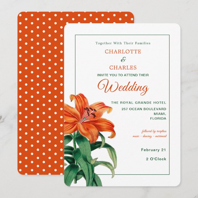Burnt Orange Lily Stylish Floral Wedding Einladung (Vorne/Hinten)