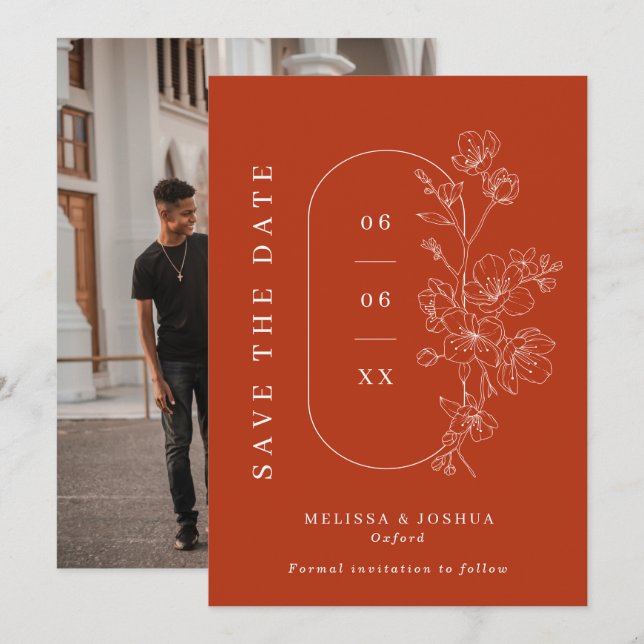 Burnt Orange Line Gezeichnet florale Foto Hochzeit Save The Date (Vorne/Hinten)
