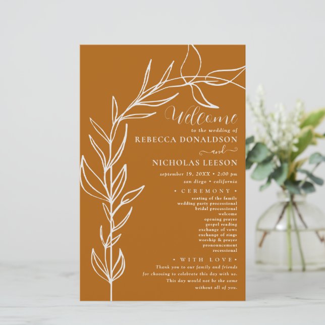 Burnt Orange Minimal Arch Wedding Programm (Stehend Vorderseite)