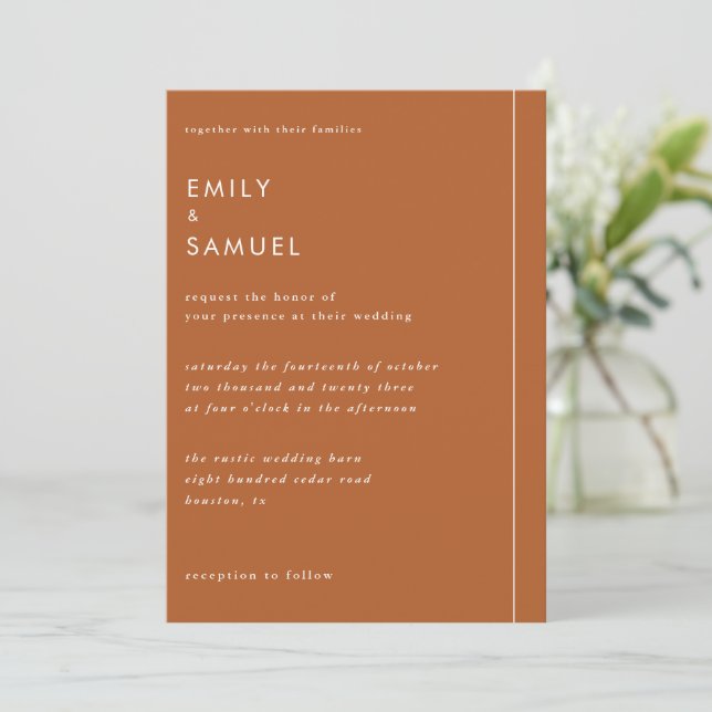 Burnt Orange Minimalistisch Hochzeit Einladung (Stehend Vorderseite)