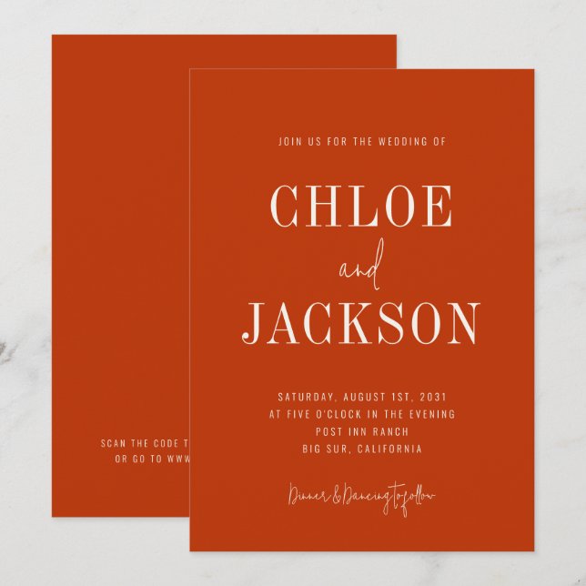 Burnt Orange Modern Bold Custom QR Code Wedding Einladung (Vorne/Hinten)