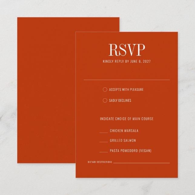 Burnt Orange Moderne farbenfrohe Mahlzeiten Hochze RSVP Karte (Vorne/Hinten)