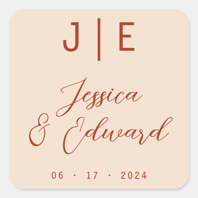 Burnt Orange Monogram Elegant Script Couple Name Quadratischer Aufkleber (Vorderseite)