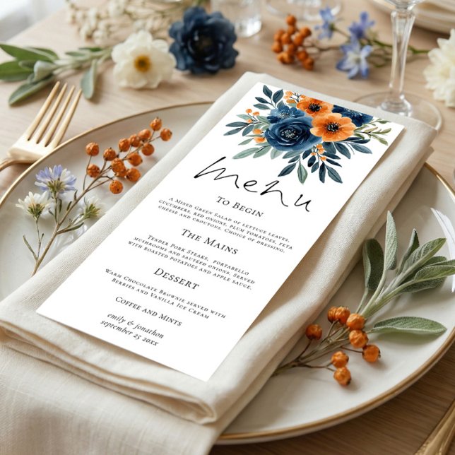 Burnt Orange Navy Blue Florals Wedding Menükarte (Von Creator hochgeladen)
